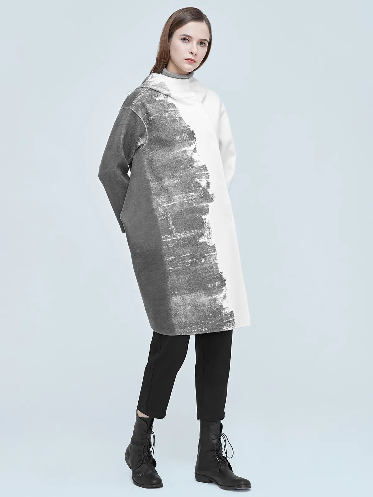 Hooded Ink-Print Loose Woolen Coat