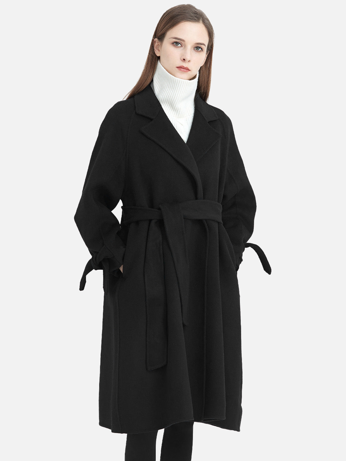 S·DEER black wool coat with wide lapel, belted waist, and relaxed fit