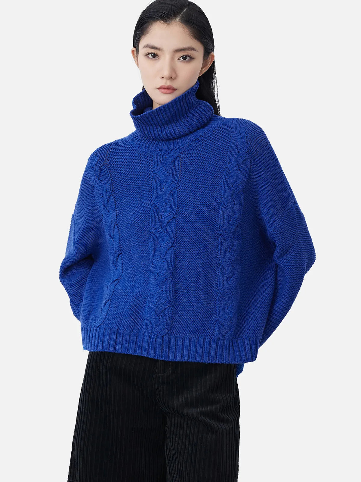 Trendy Turtleneck Dropped Shoulder Knit Sweater
