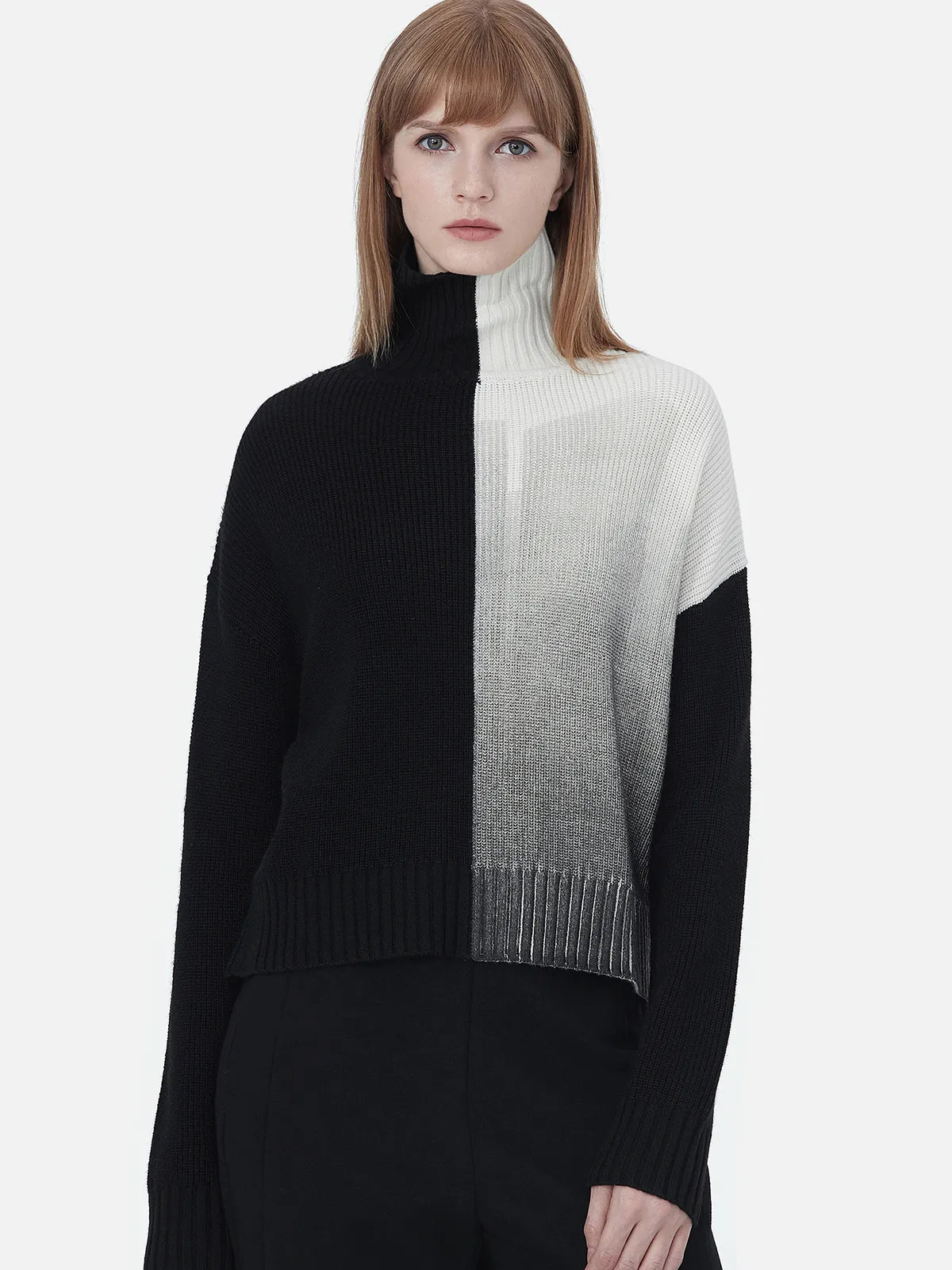 Contrasting Panel High Neck Ribbed Sweater