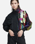 Cool Stand Collar Letter Printed Ribbed Short Jacket.