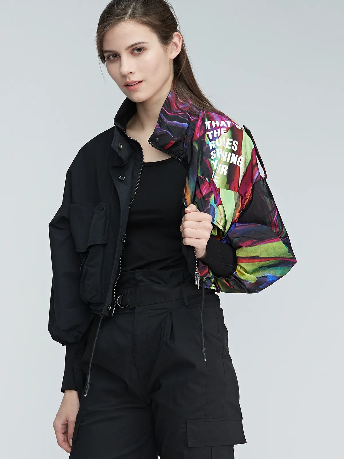 Cool Stand Collar Letter Printed Ribbed Short Jacket.
