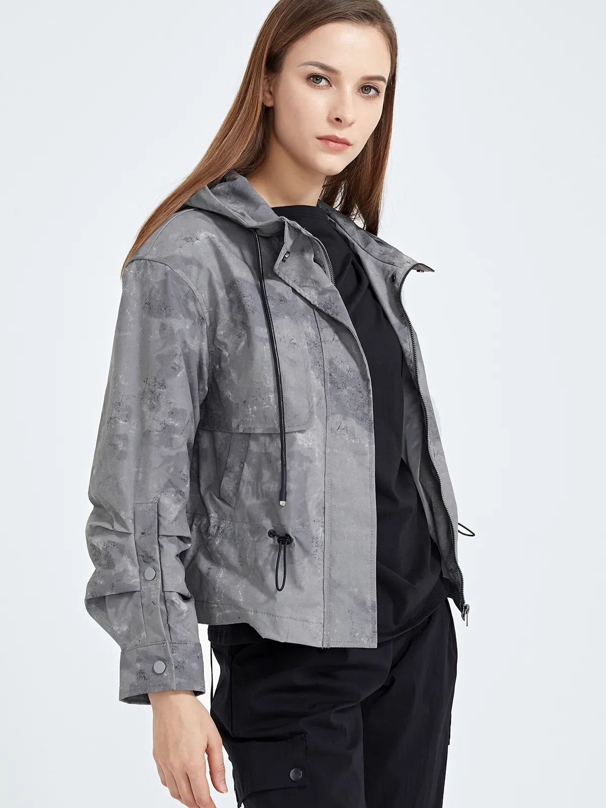 Hooded Short Jacket With Drawstring Letter Printed