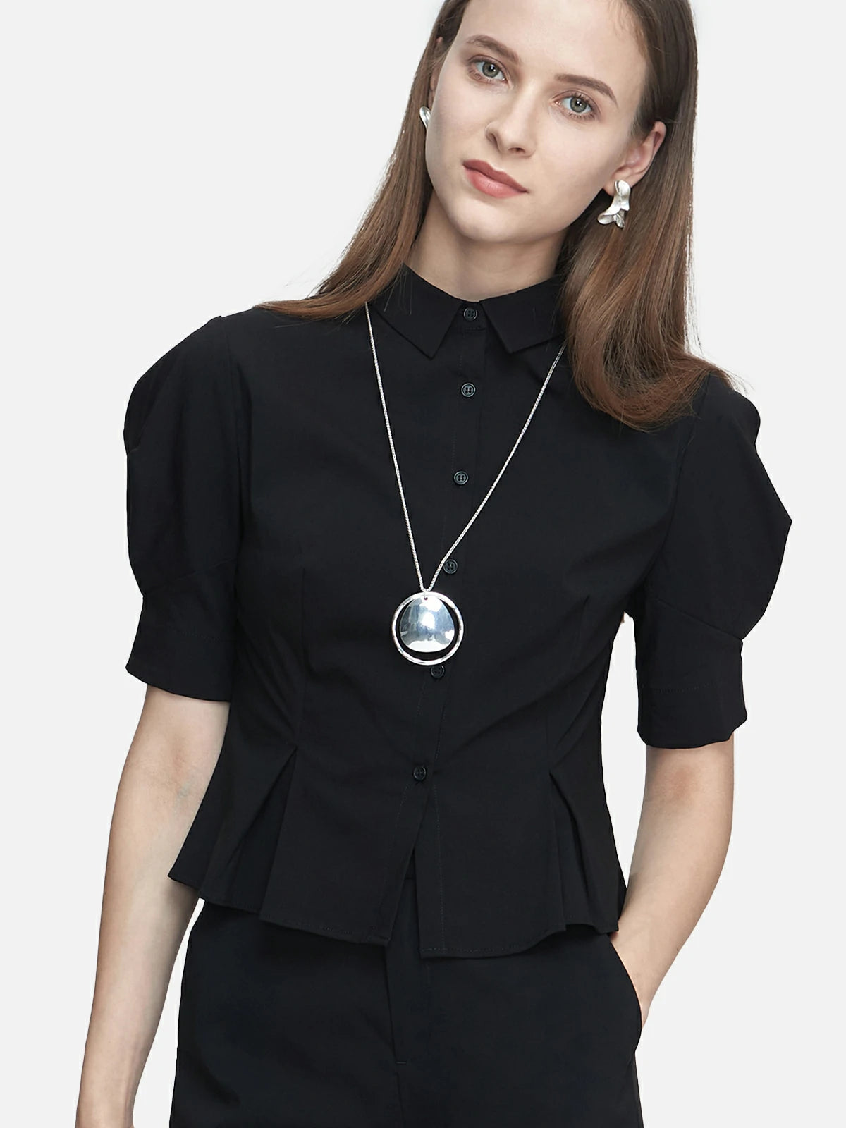 Simple Lapel Pleated Medium Sleeve Short Shirt