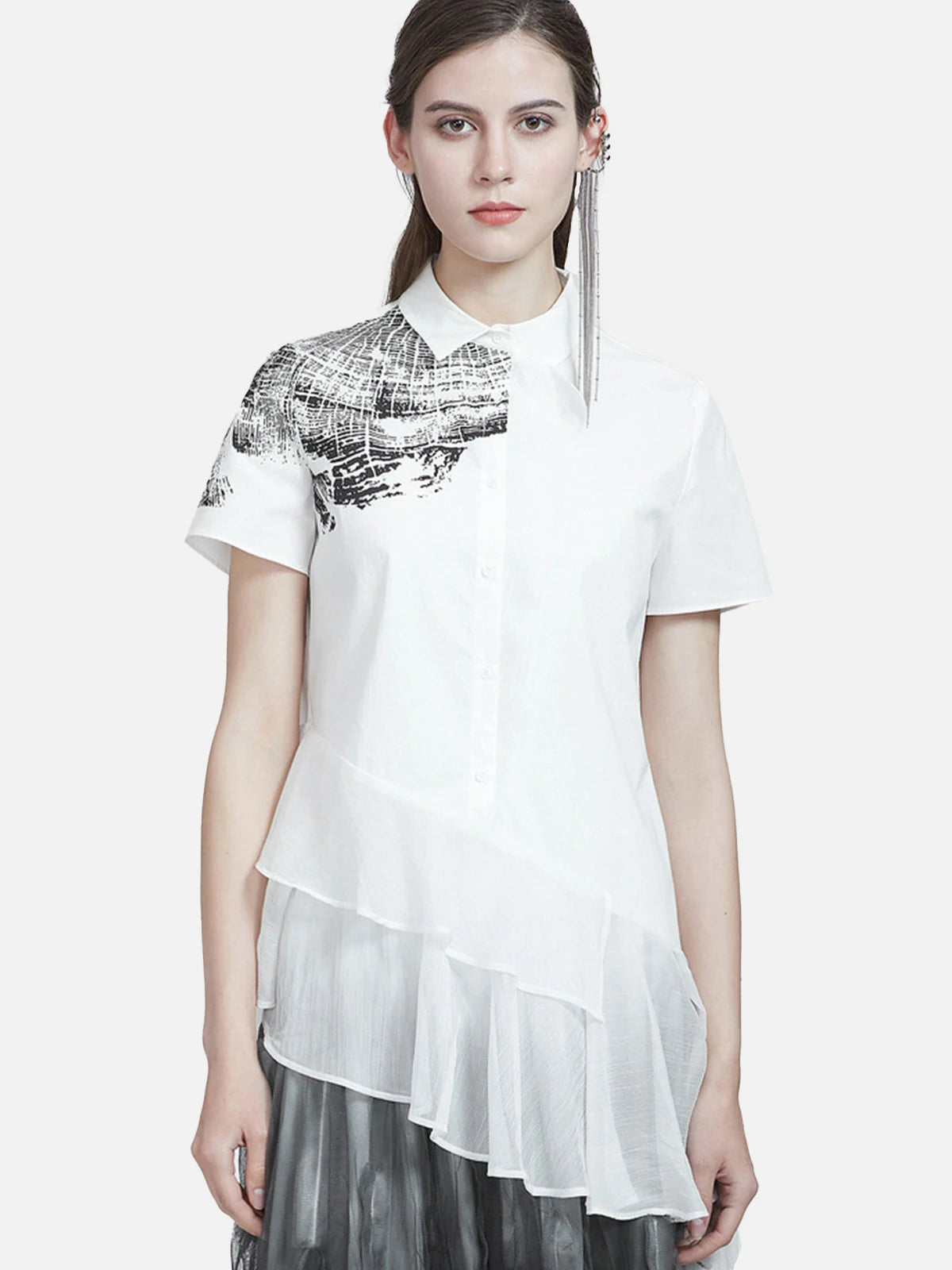 Contrast National Style Printed Chiffon Shirt With Lapel