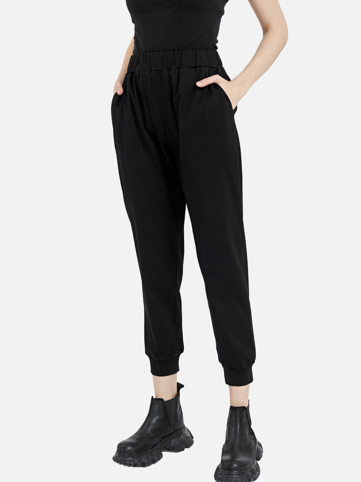 Casual Elastic Slot Pocket Straight Black Trousers