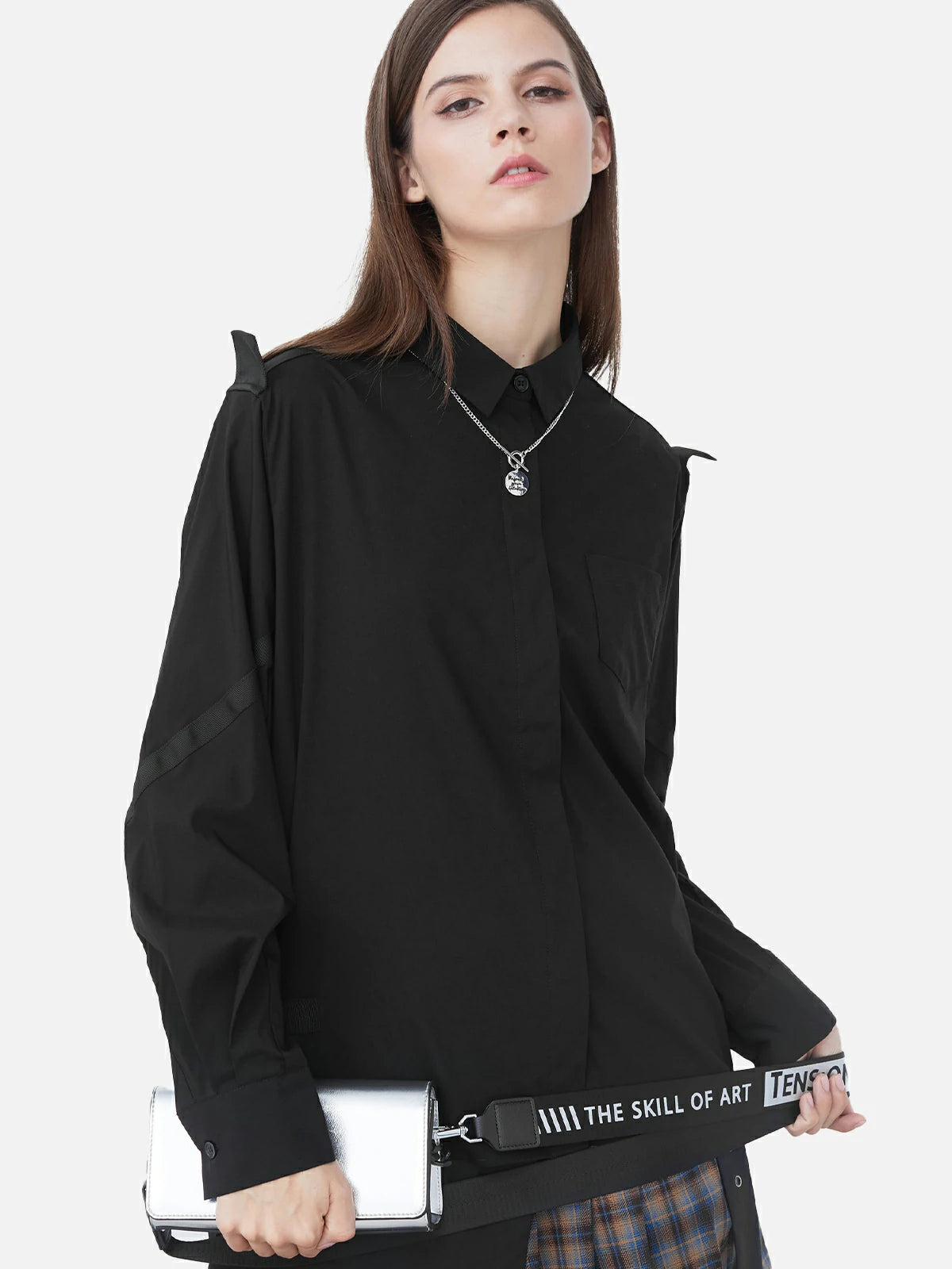 Casual Lapel Webbing Stitching Black Long-Sleeved Shirt