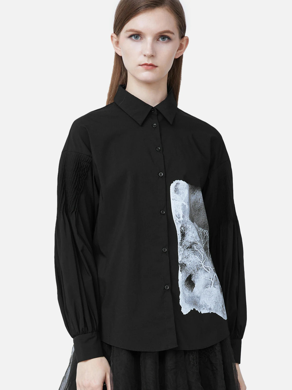 Casual Lapel Contrast Print Loose Long Sleeve Shirt