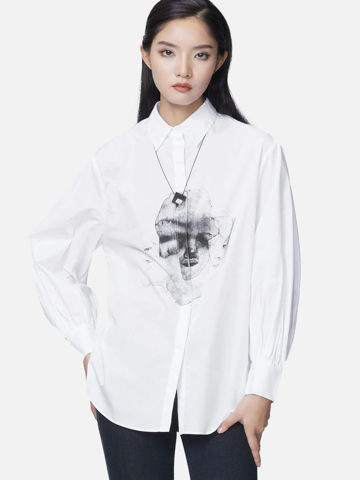 Simple Lapel Abstract Print White Long Sleeve Shirt