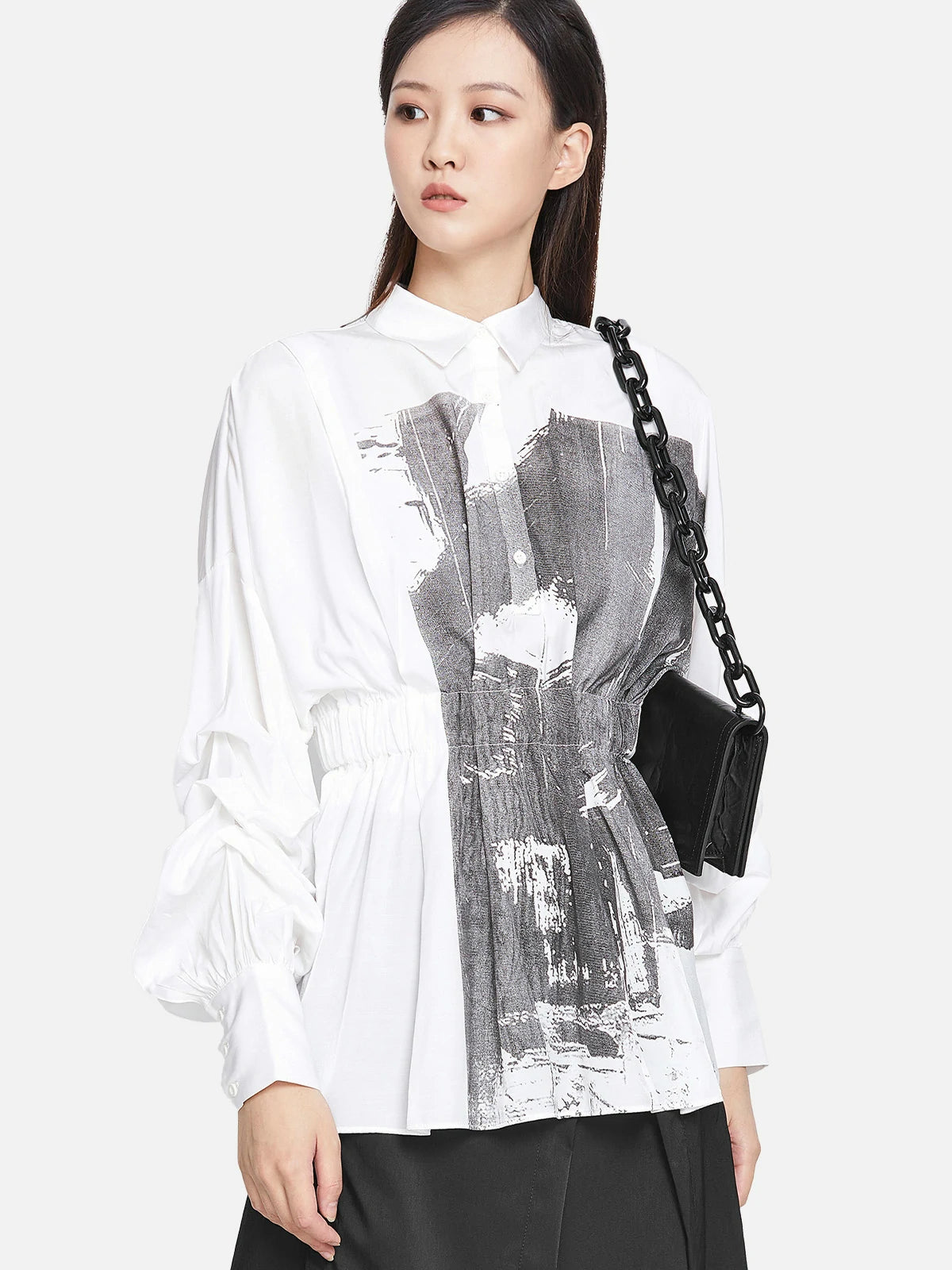 Lapel Contrast Print Pleated Waist Long-Sleeved Shirt
