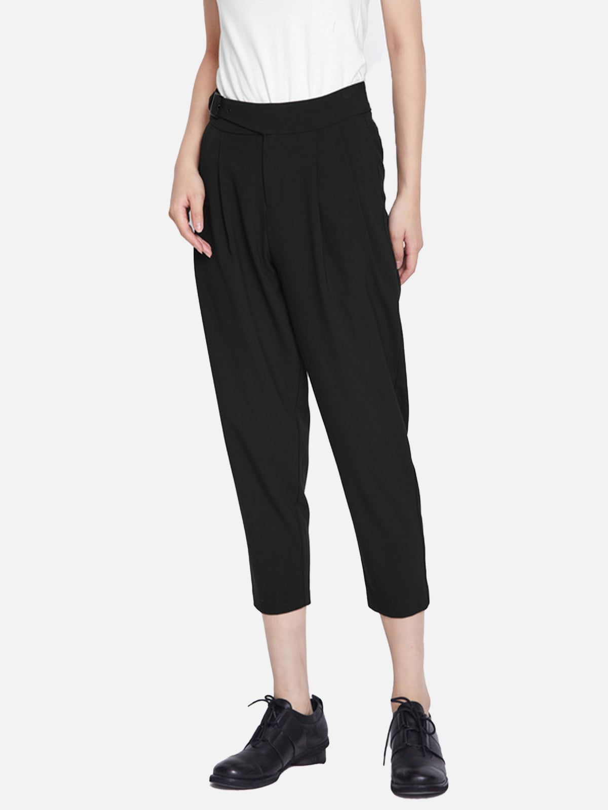 Stitching Pleated Slot Pocket Black Cropped Trousers