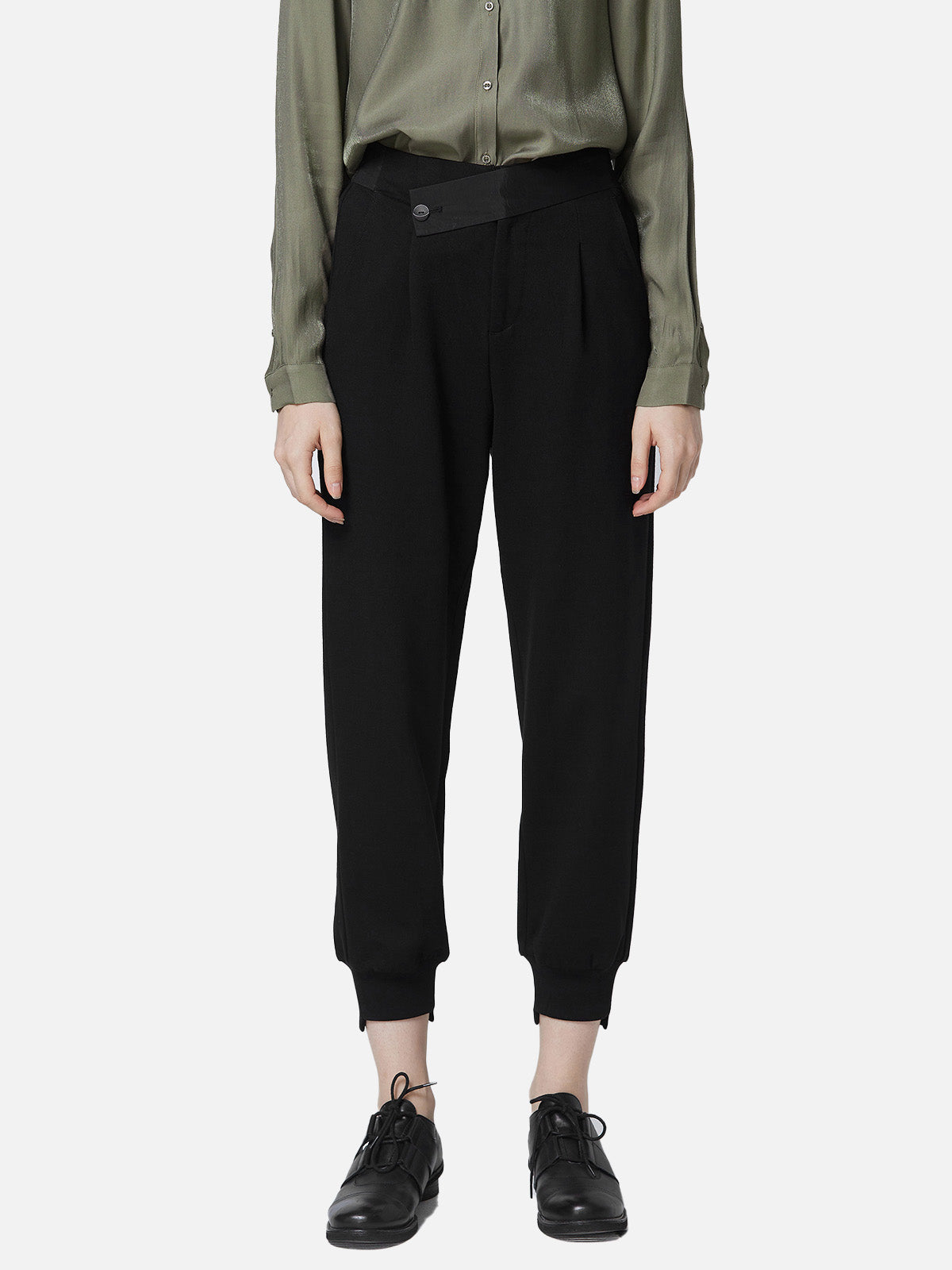 Casual Elasticity Patchwork Black Carrot Pants Cropped Pants