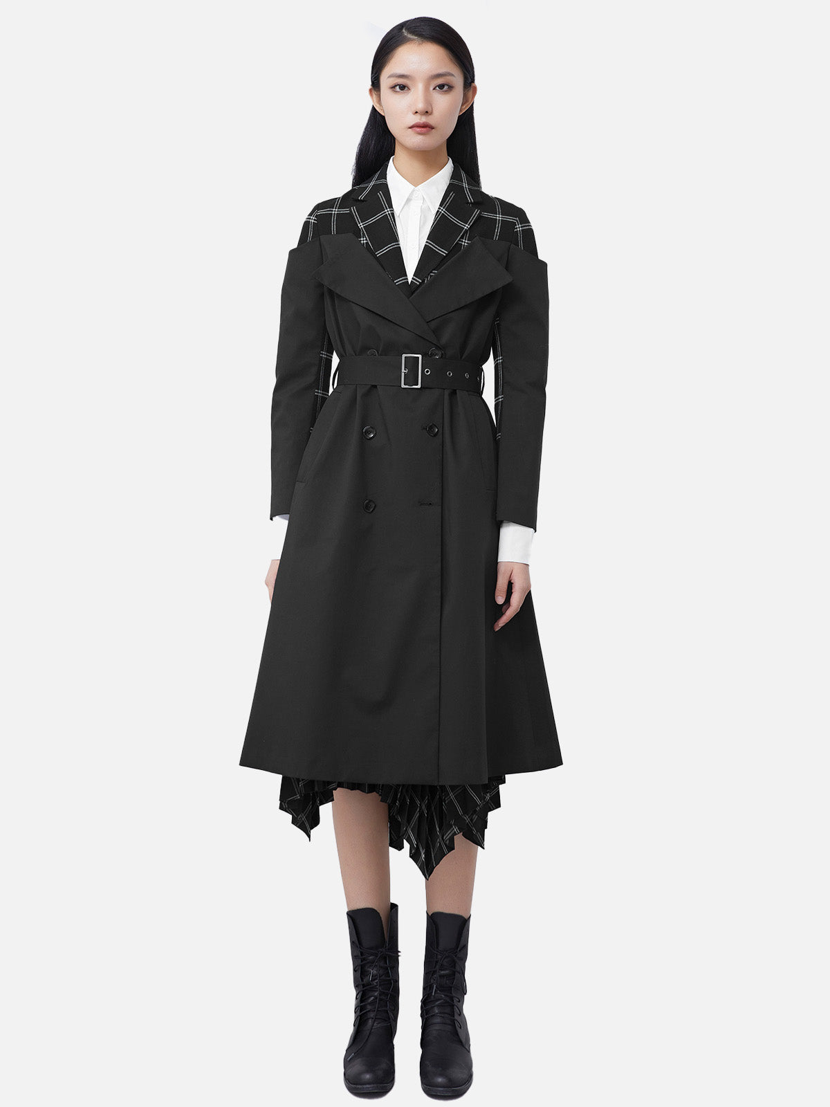 Casual Suit Collar Plaid Stitching Waist Long Trench Coat