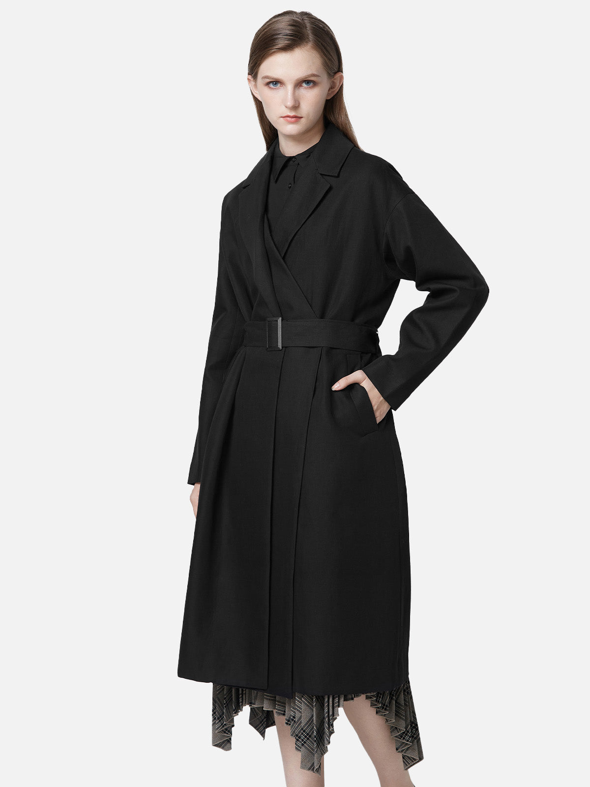 Commuter Style Patchwork Receiving Waist Long Trench Coat