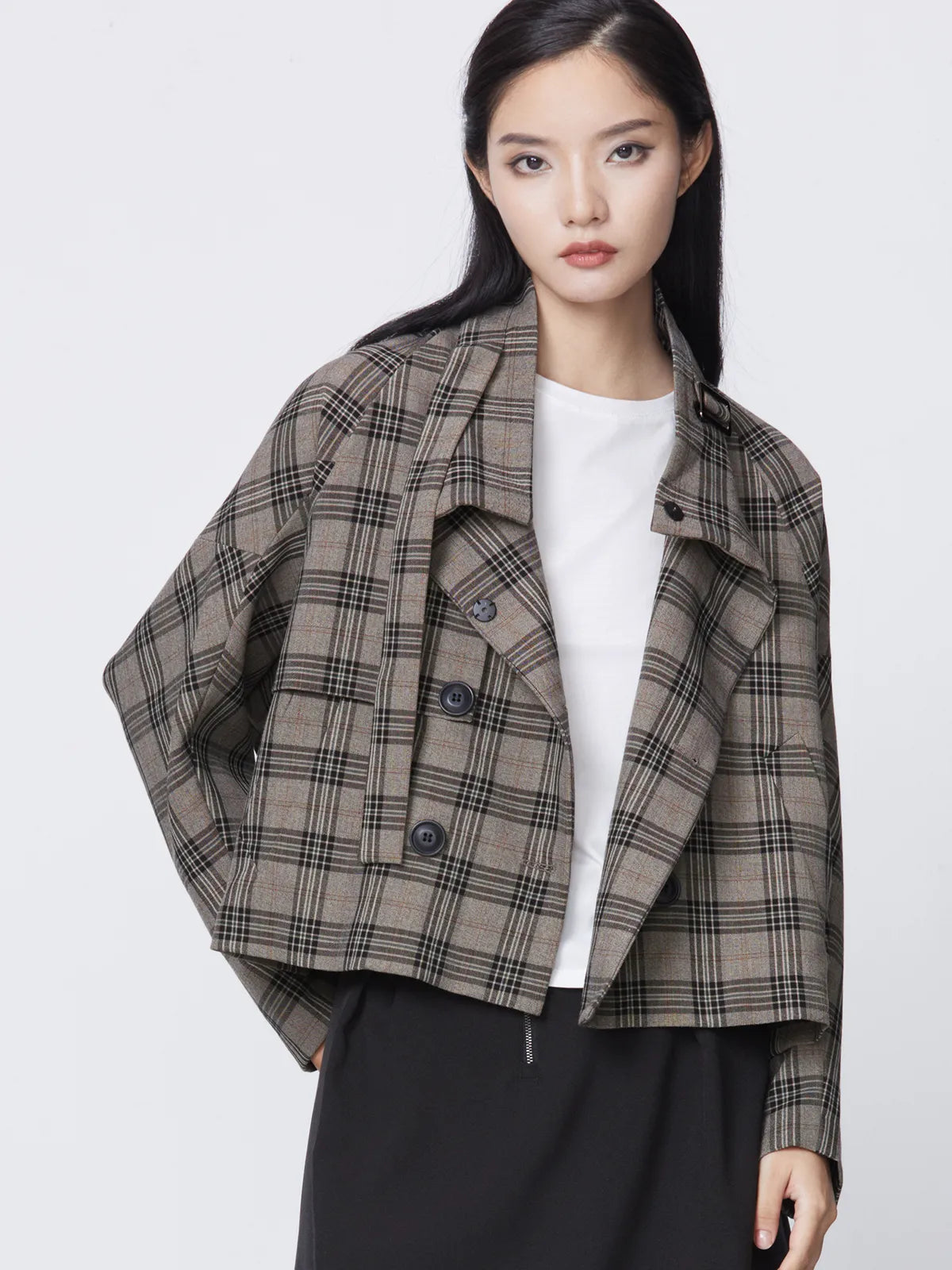 Stand Collar Plaid Cropped Jacket
