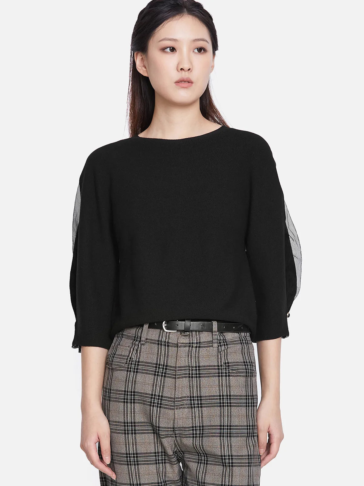 Mesh 3/4 Sleeve Black Sweater Cardigan
