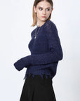 Round Neck Tassels Distressed Long-Sleeved Blue Sweater
