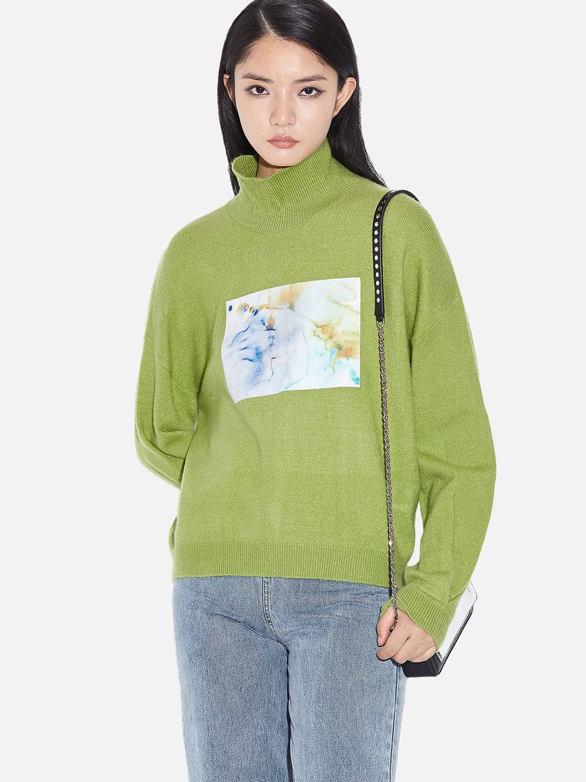 Ribbed Turtleneck Contrast Printed Loose Knit Sweater