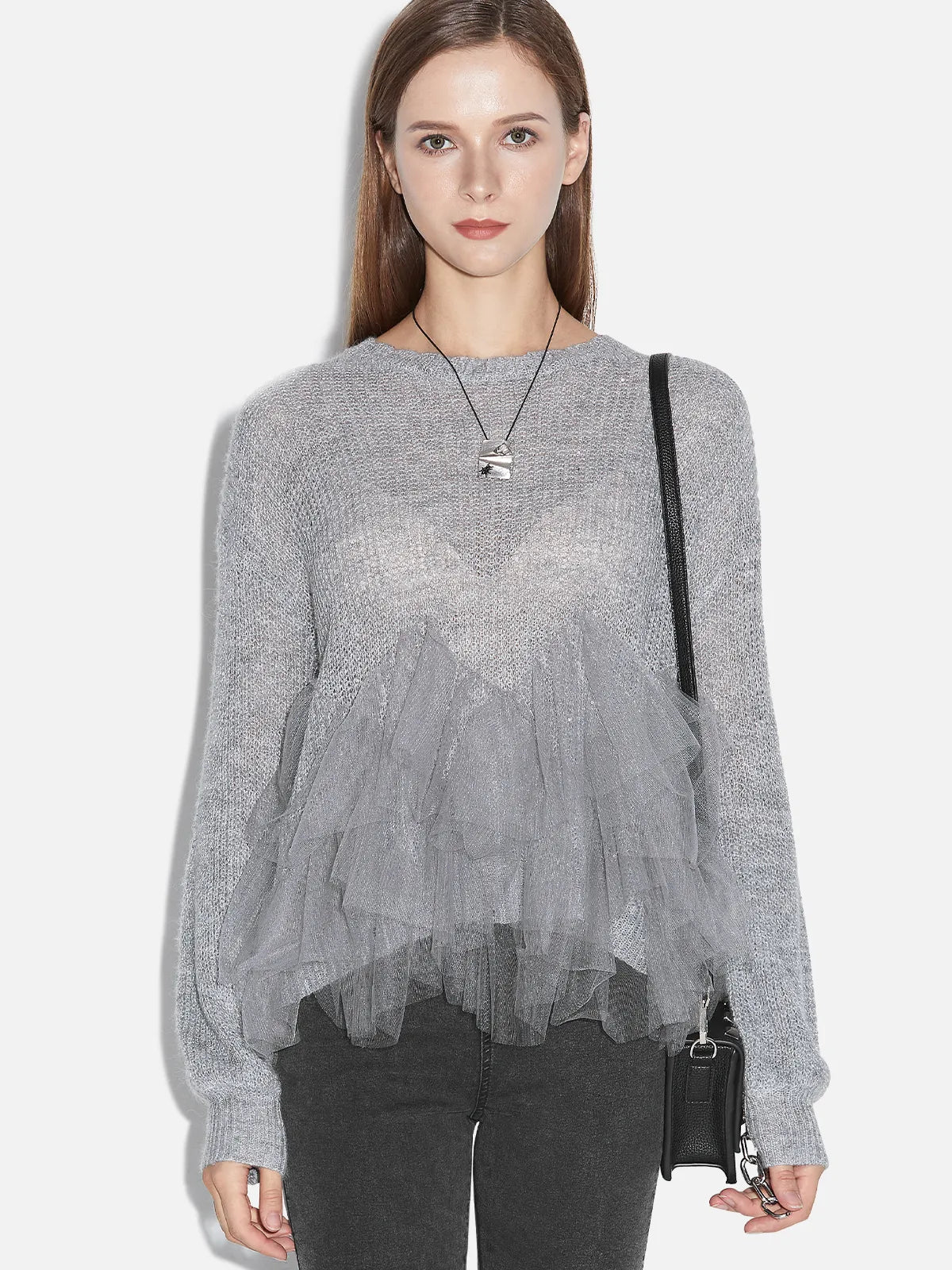 Bright Silk Mesh Spliced Wool Sweater