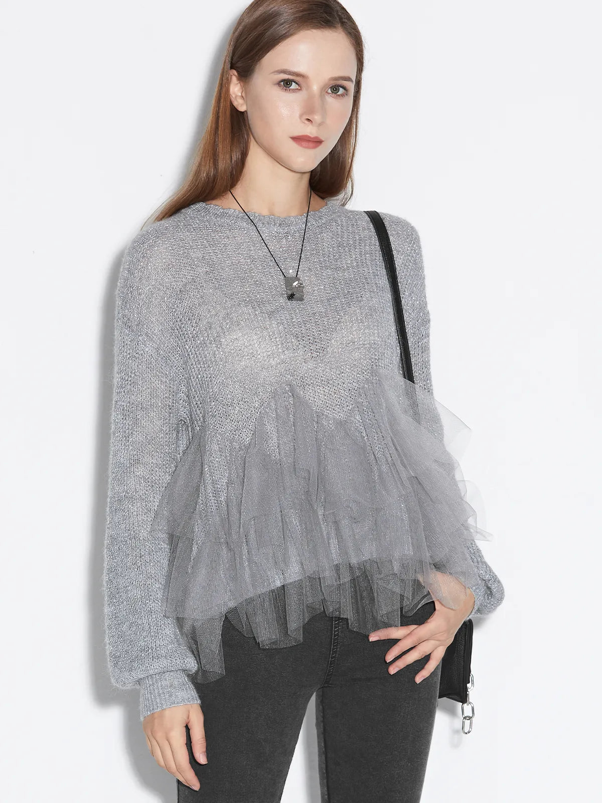 Bright Silk Mesh Spliced Wool Sweater