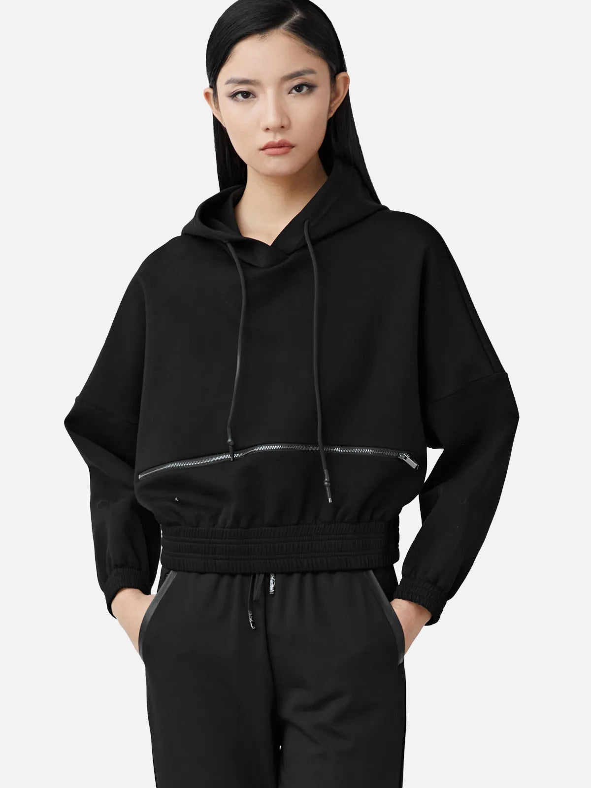 Drawstring Hooded Zipper Stitching Short Sweater Jacket