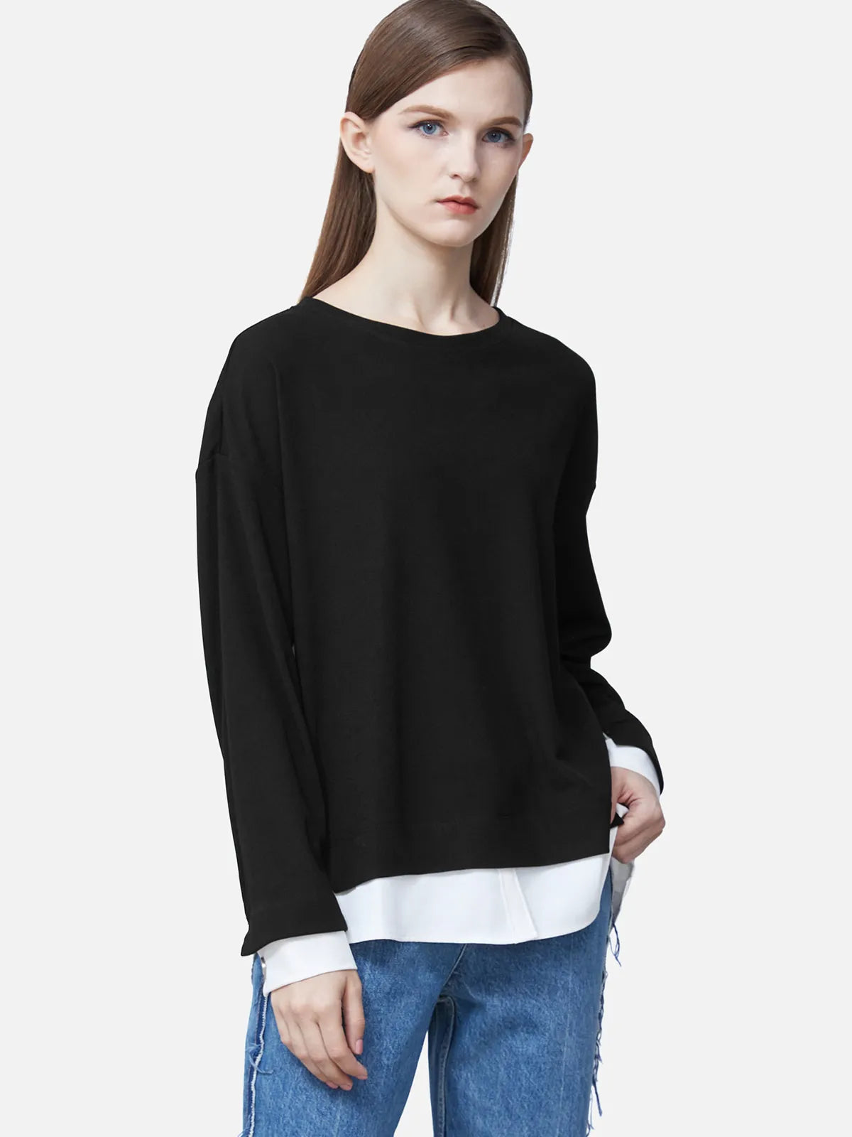 Ribbed Round Neck Color Contrast Stitching Long-Sleeved T-Shirt