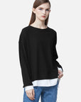 Ribbed Round Neck Color Contrast Stitching Long-Sleeved T-Shirt