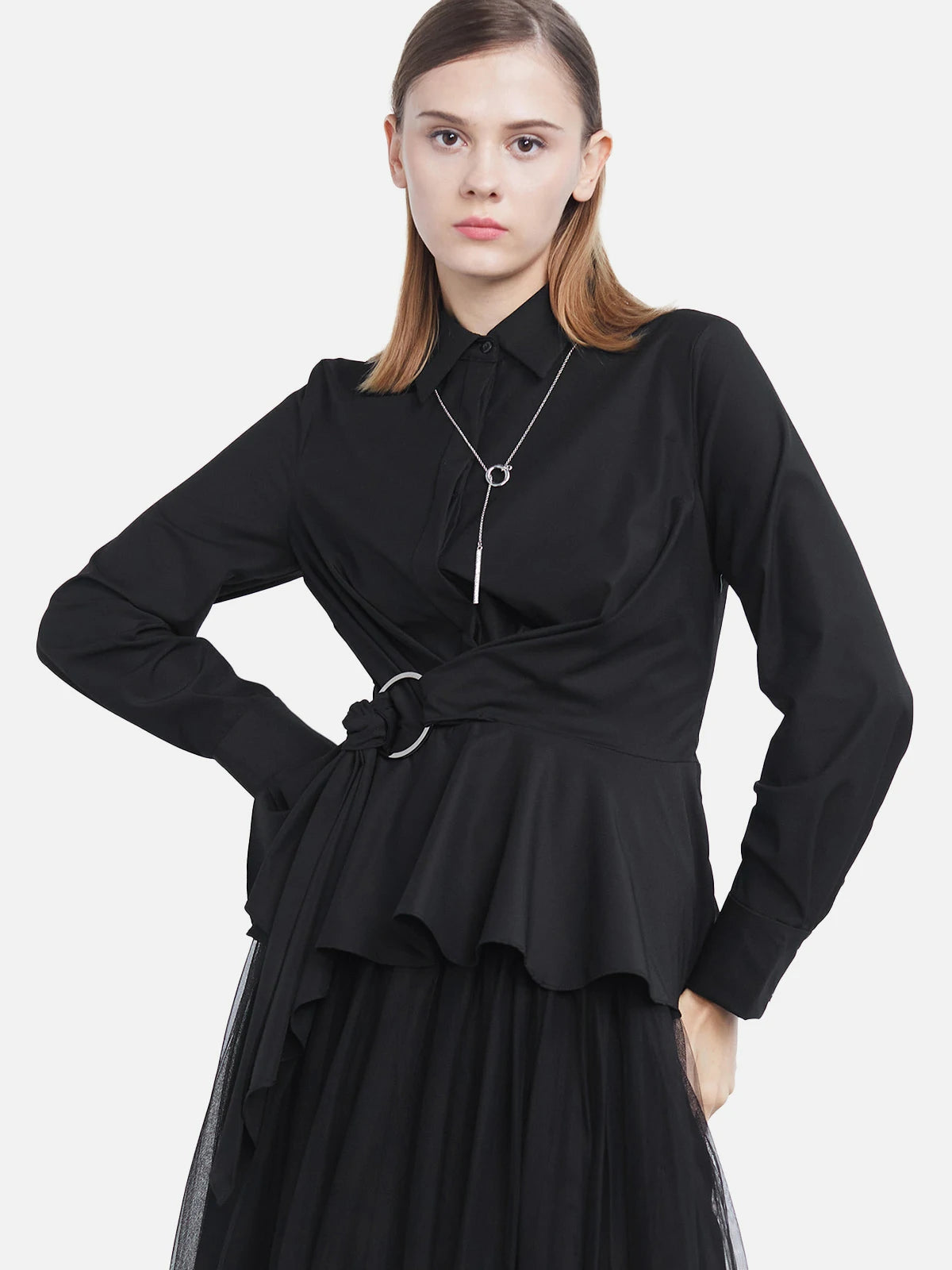 Casual Lapel Waist Irregular Long-Sleeved Black Shirt
