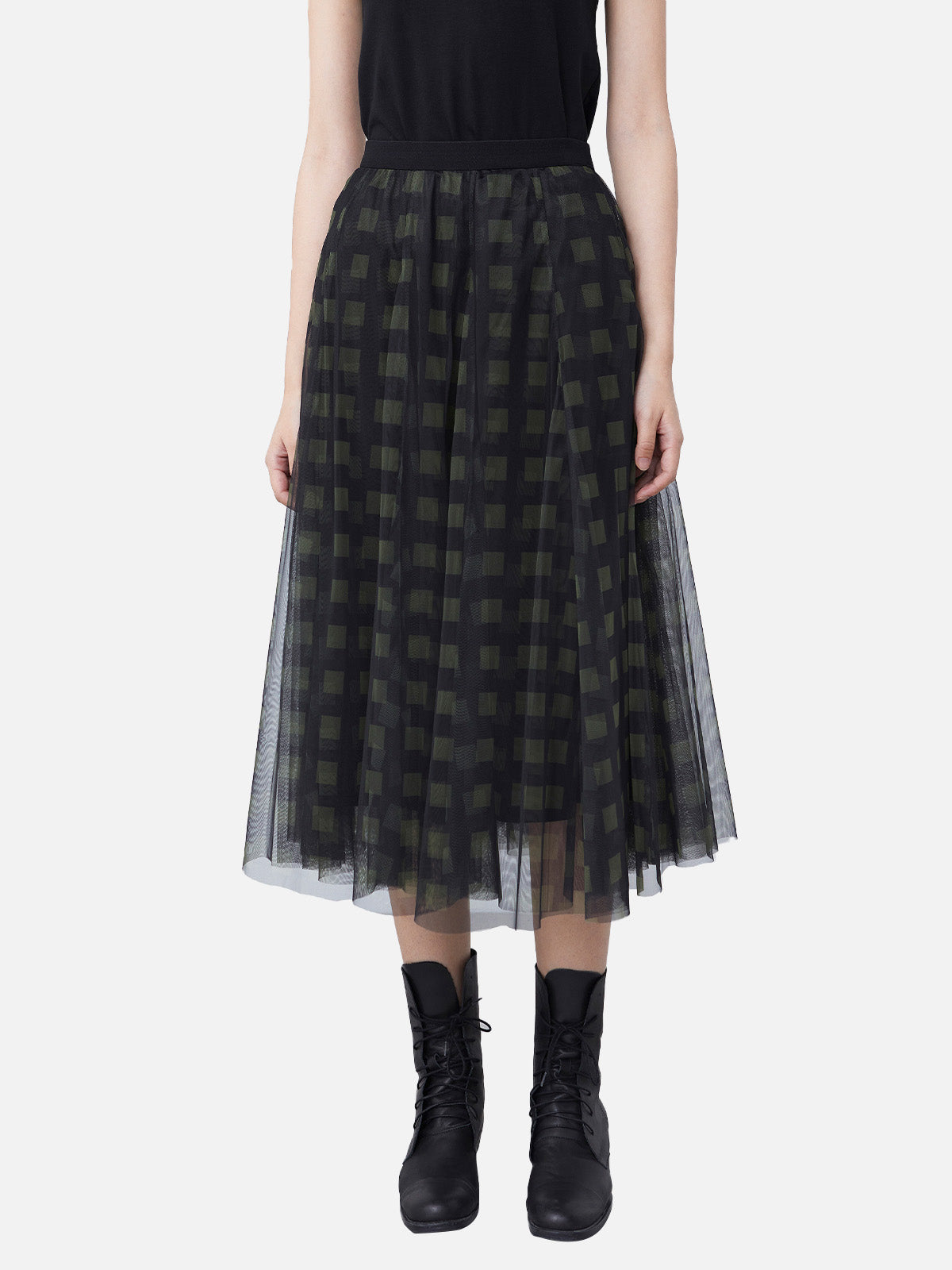 Elastic Check Printed Mesh Midi Skirt