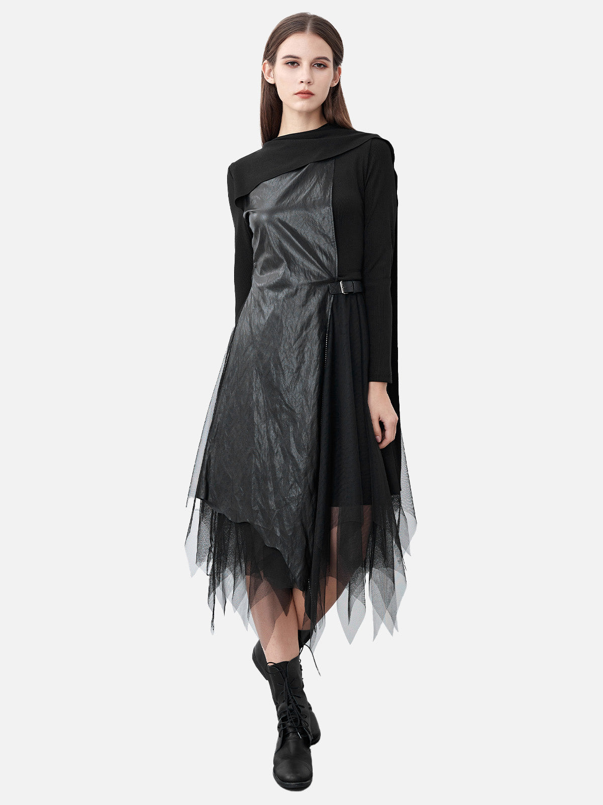 Round Neck Mesh Irregular Long-Sleeved Dress