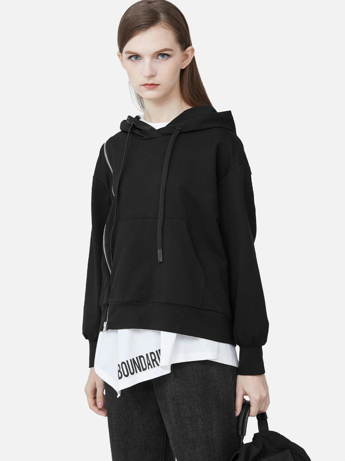 Drawstring Hooded Contrasting Letter Zipper Sweatshirt Jacket