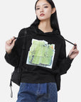 Drawstring Hooded Color Block Printed Irregular Sweatshirt Jacket