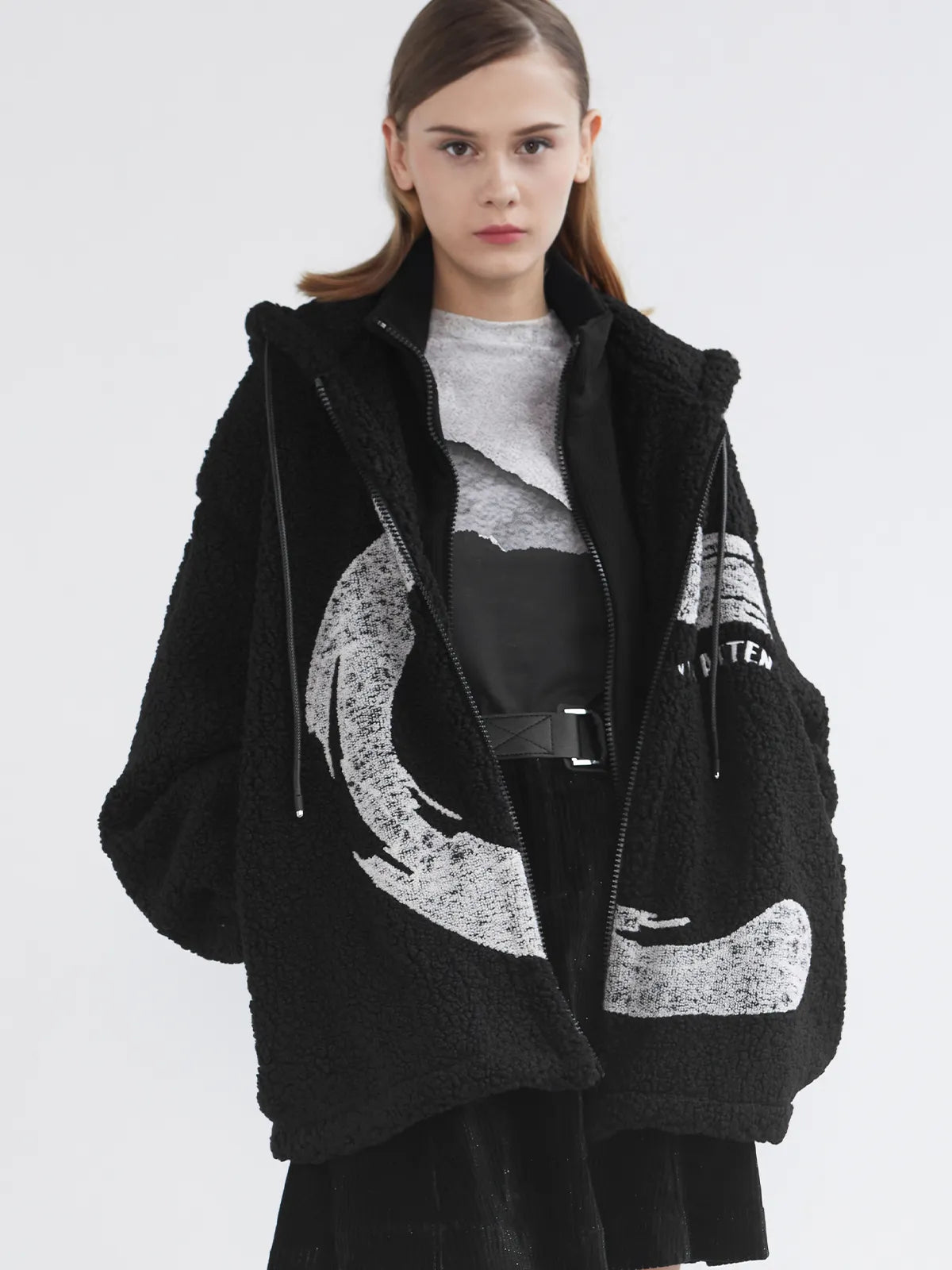 Letter Print Fake Two-Piece Lamb Wool Coat