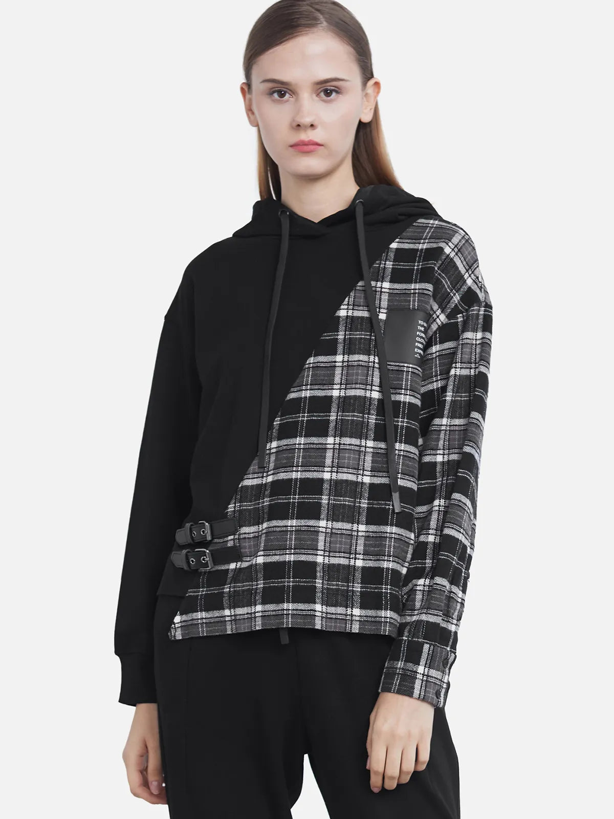 Drawstring Hooded Plaid Stitching Irregular Sweater Jacket