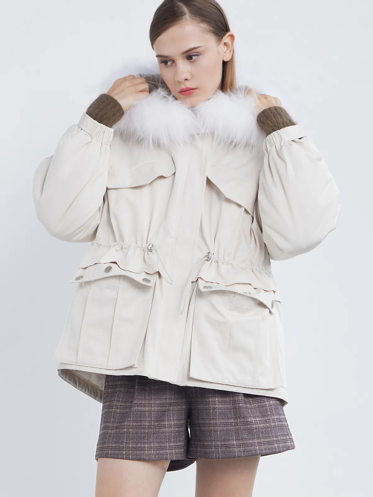 Mid-Length Parker Cotton Jacket With Fur Collar And Hood