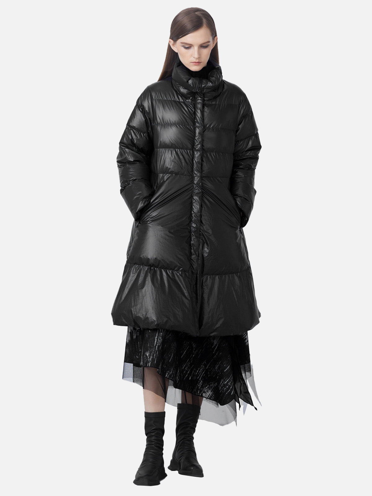 Loose A-Line Black Long Down Jacket