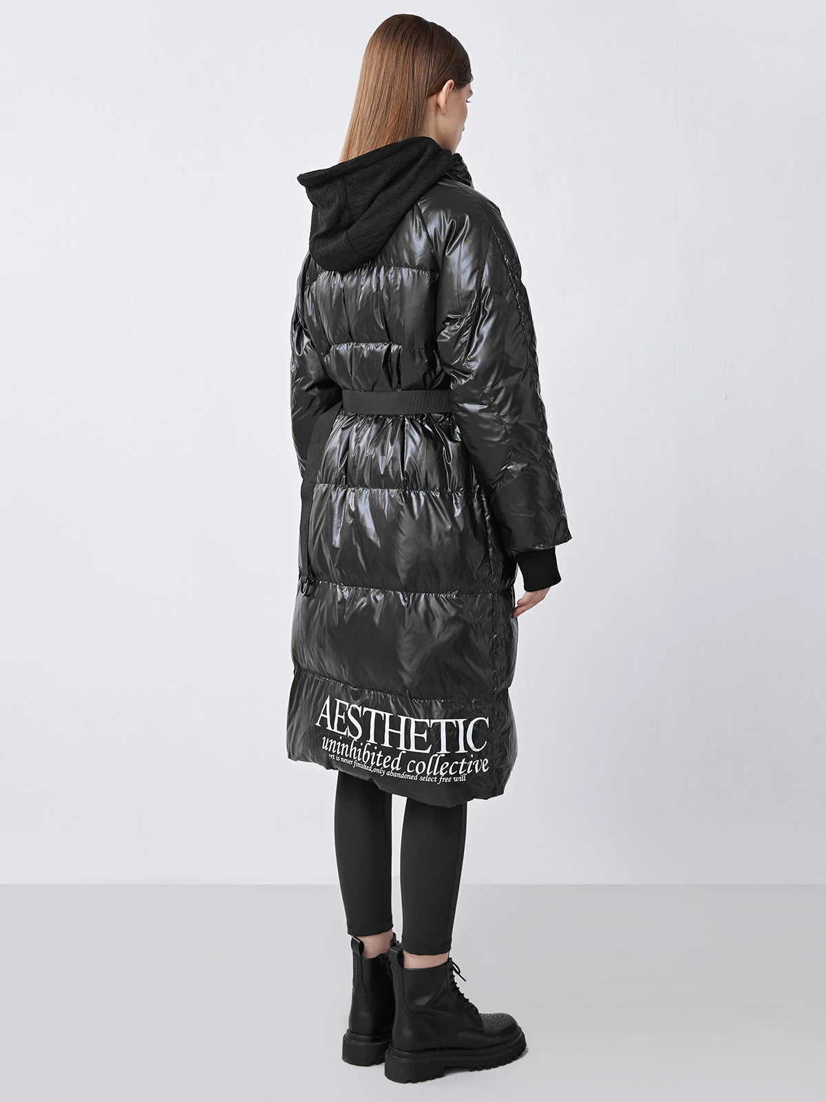 Hooded Waist And Contrasting Letters Long Down Jacket