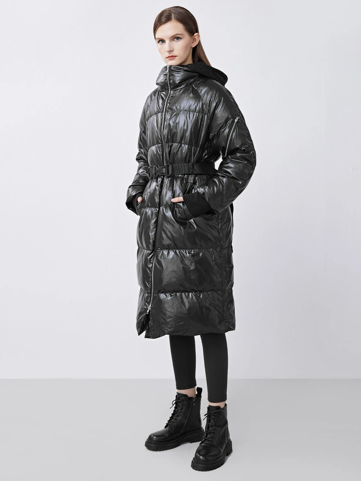 Hooded Waist And Contrasting Letters Long Down Jacket