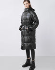 Hooded Waist And Contrasting Letters Long Down Jacket