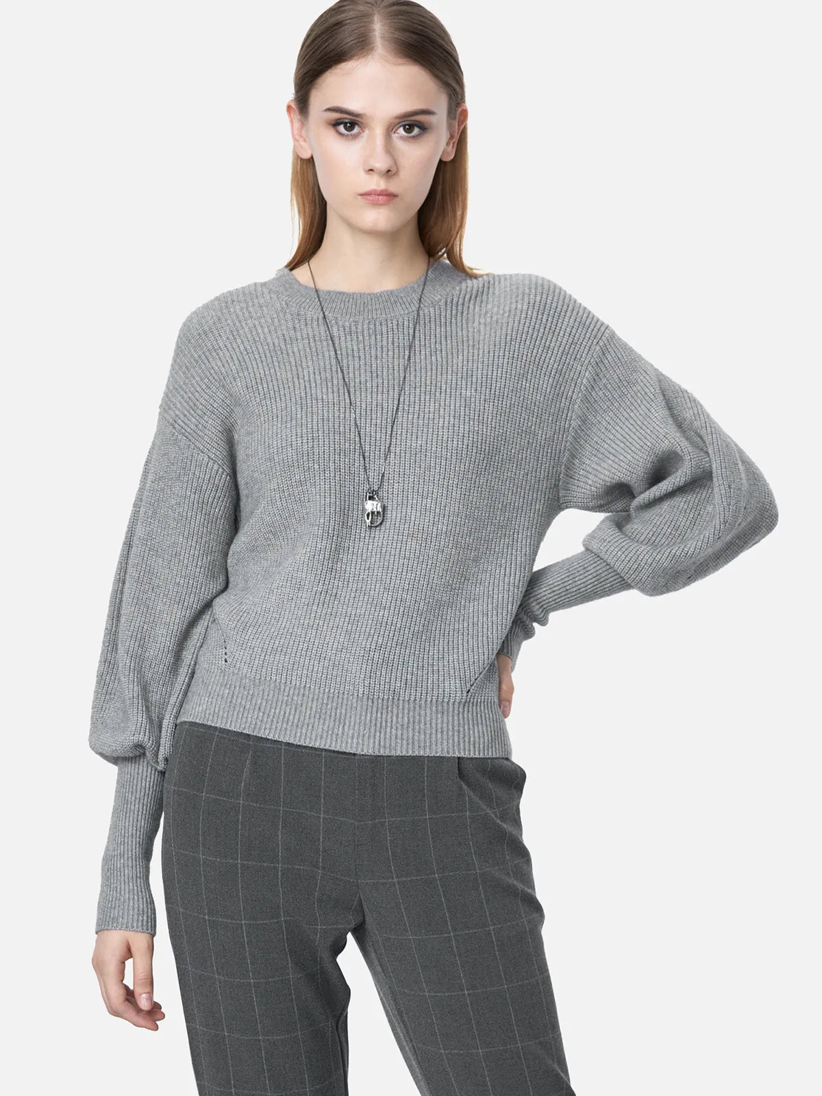 Ribbed Crew Neck Puff Sleeve Sweater