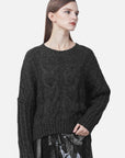 Relaxed Ribbed Crew Neck Crocheted Loose-Knit Sweater