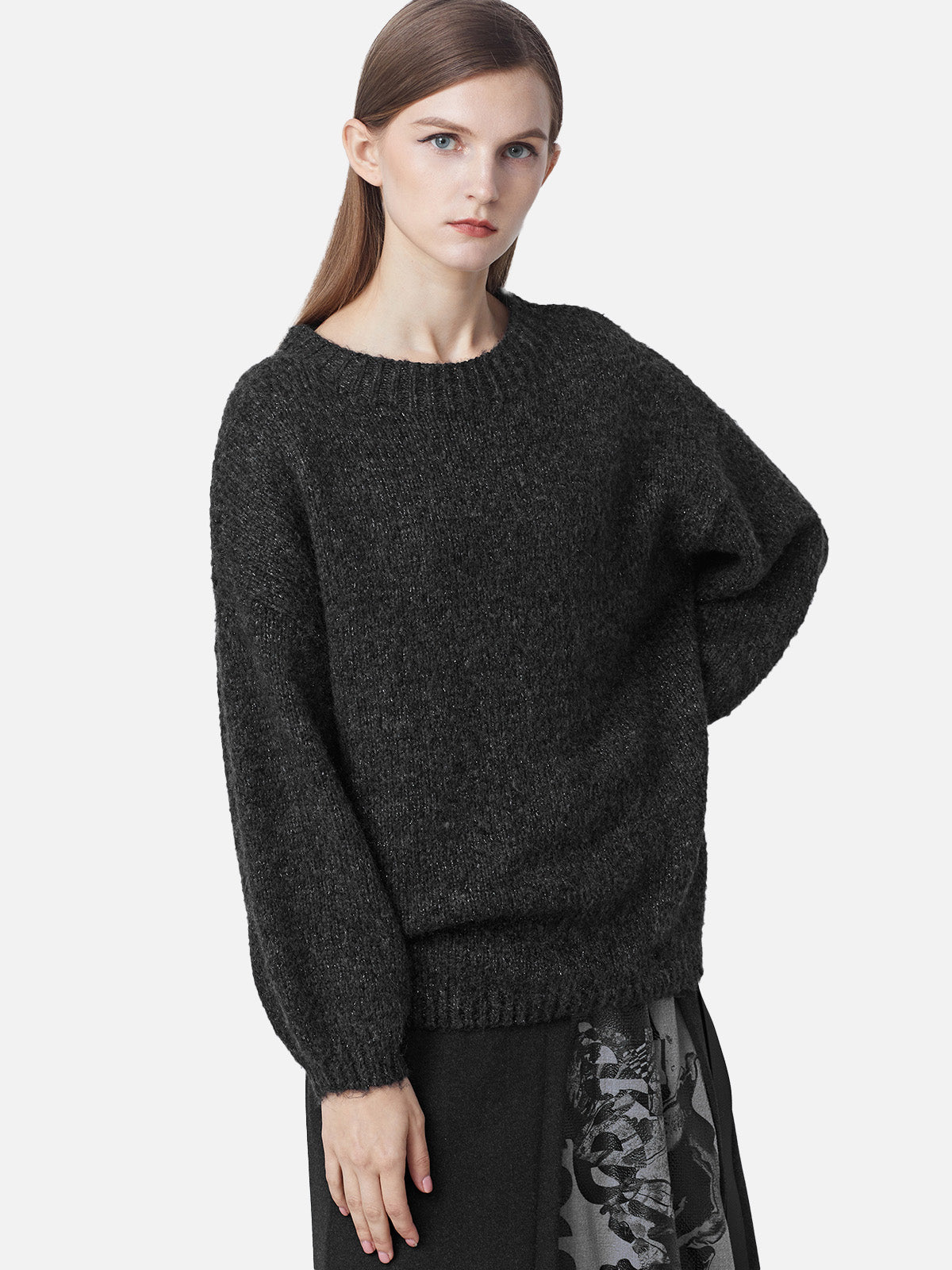 Relaxed Rib Crew Neck Sequined Oversized Knit Sweater