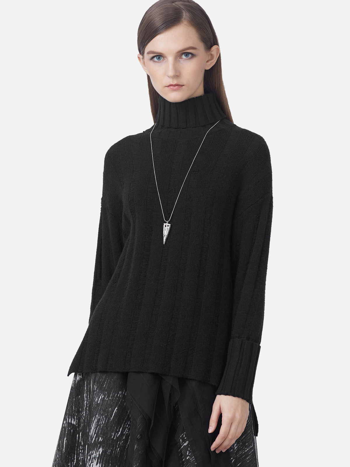 Ribbed Turtleneck Textured Rolled Black Knit Sweater