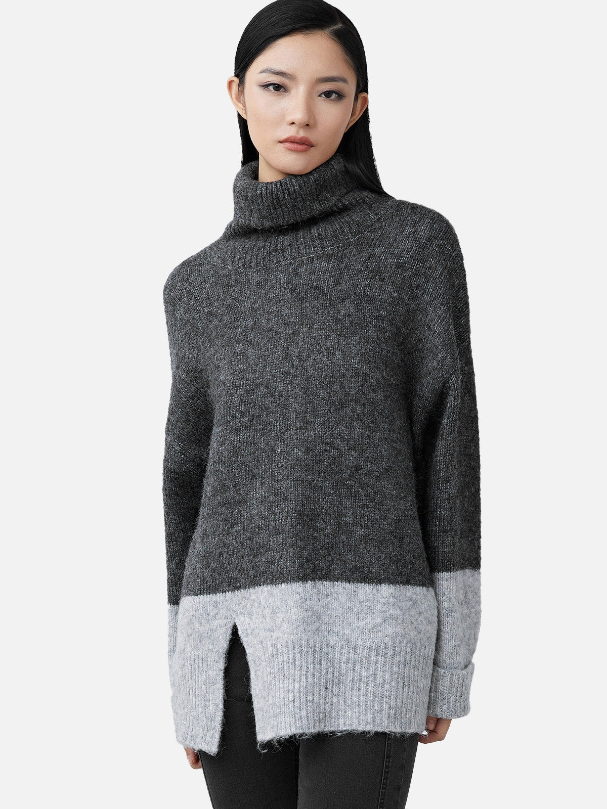 High Collar Contrast Color Slit Irregular Loose Sweater