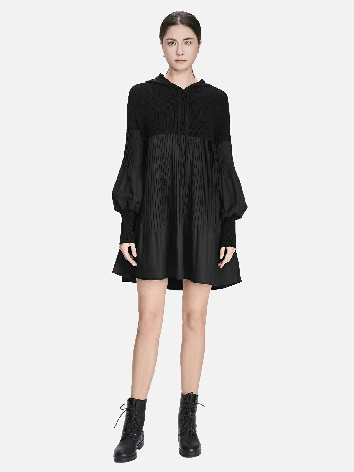 Hooded Pleated Knit Panel Puff Sleeve Dress