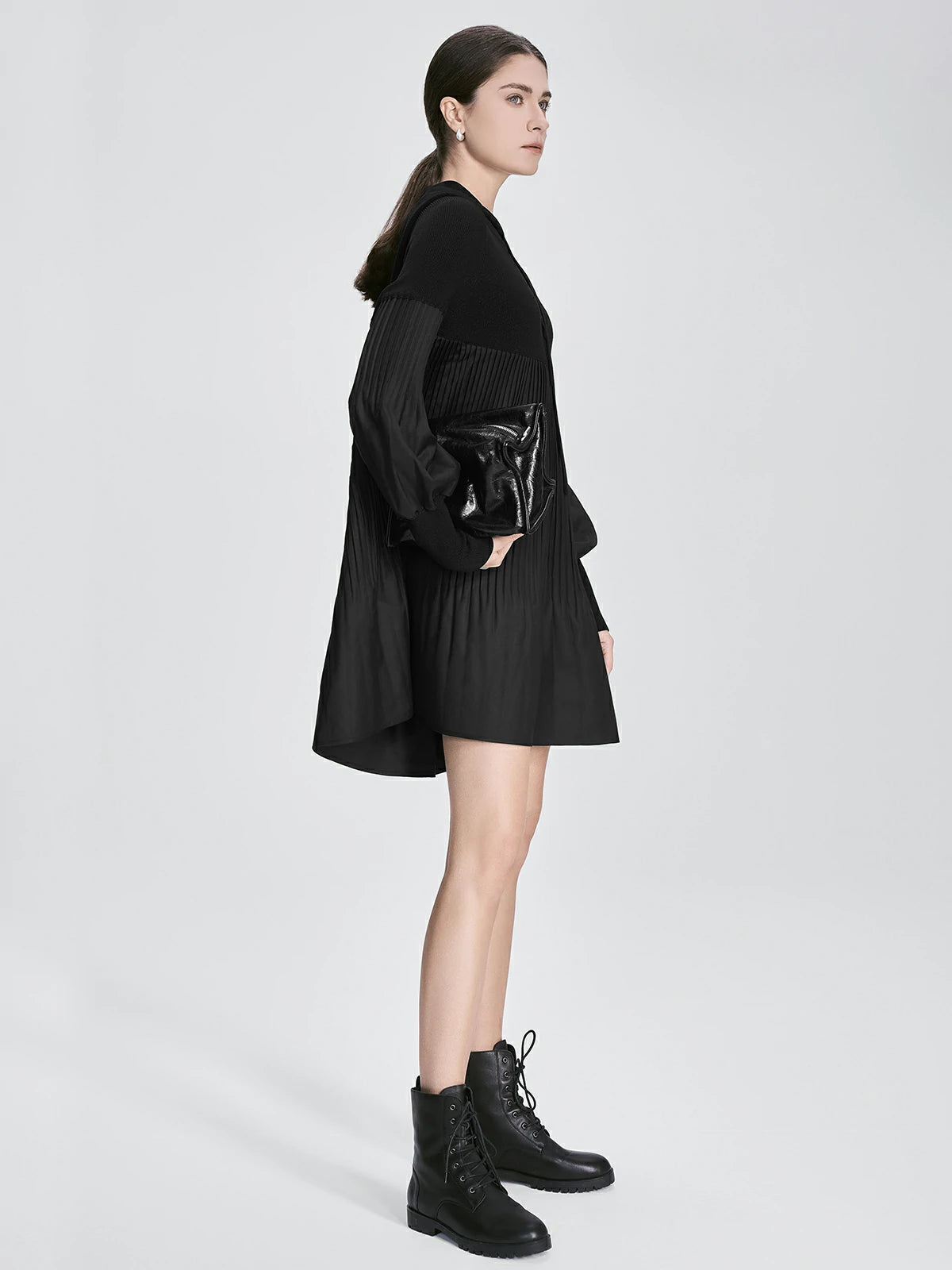 Hooded Pleated Knit Panel Puff Sleeve Dress