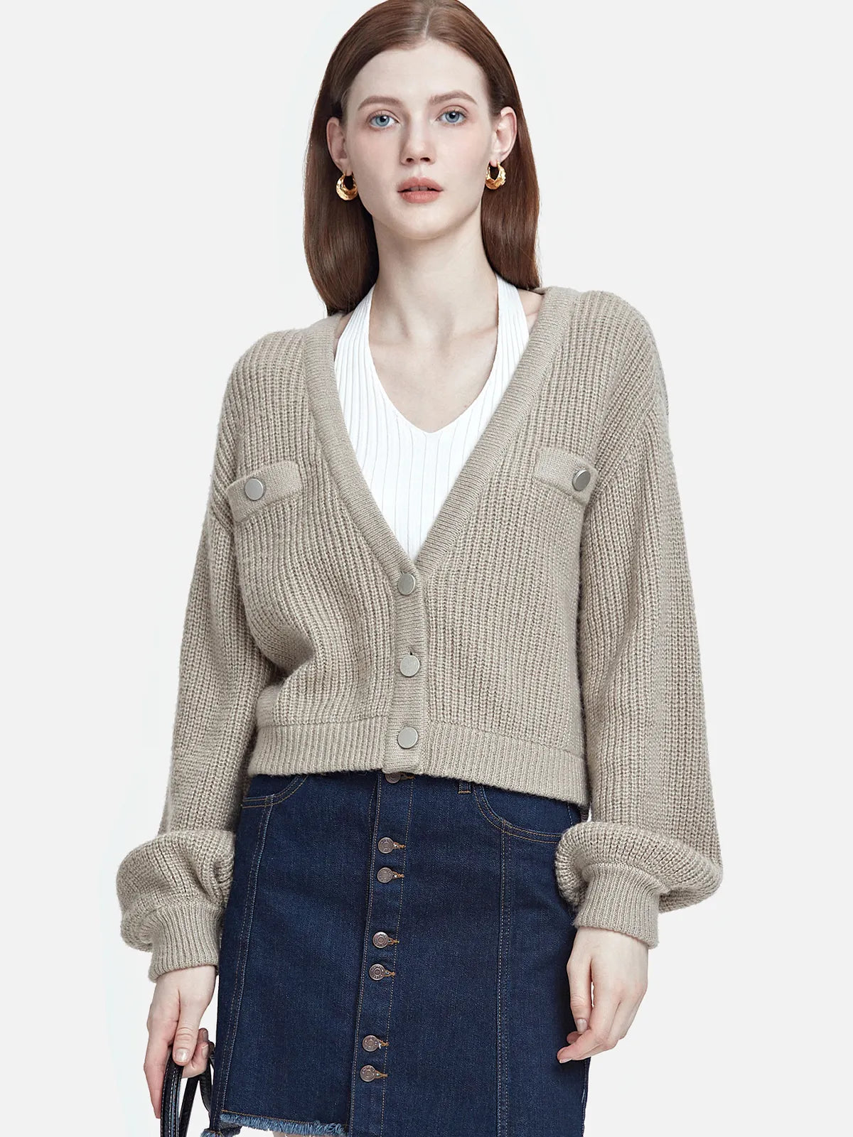 V-Neck Fake Pocket Short Cardigan Sweater