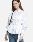 Irregular White Shirt With Casual Lapel And Waist