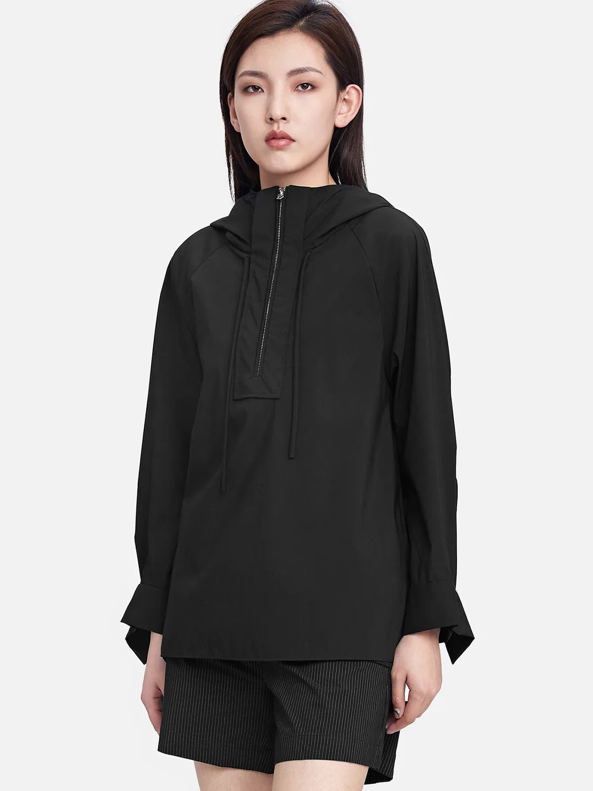 Casual Drawstring High Neck Cap Pleated Stitching Long Sleeve Shirt