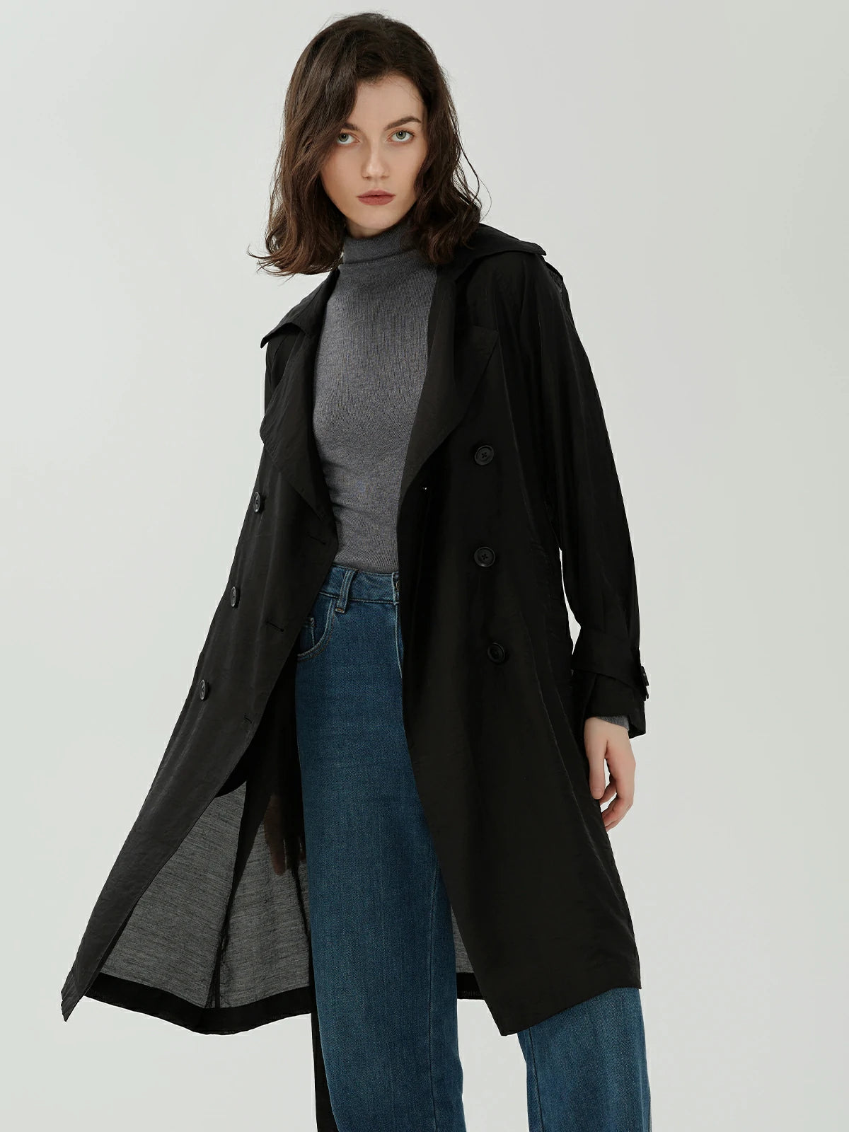 Casual Lapel Double Breasted Draw-In Mid-Length Trench Coat